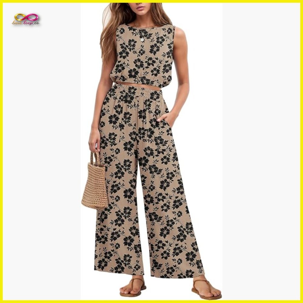 Floral Two Piece Set Sleeveless Crop Top Wide Leg Pants Lounge Wear